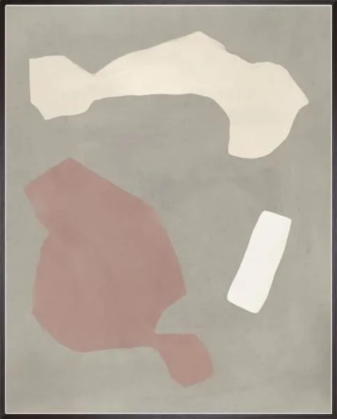Abstract painting Spaciousness IV with soft organic shapes in muted beige, pink, and white on a grey background