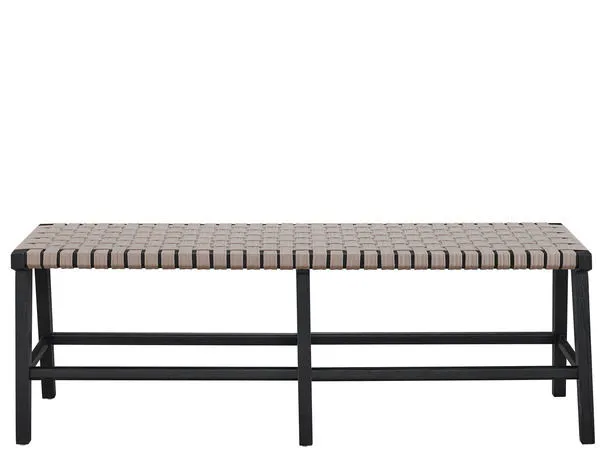 Harlyn Bench with woven beige faux-leather seat and black angled wooden base