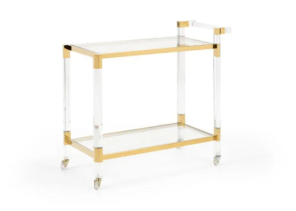 Boulevardier Bar Cart with clear acrylic frame, gold stainless steel accents, two clear glass shelves, and four caster wheels