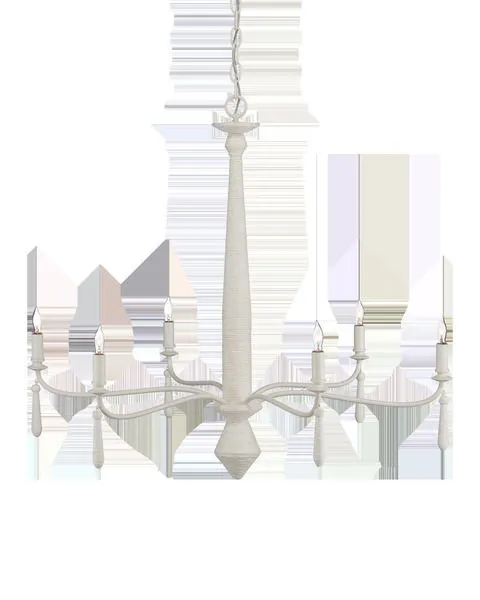 Donnybrook Chandelier with snow white finish, six undulating wrought iron arms, and Kraft paper twine wrapped pendants
