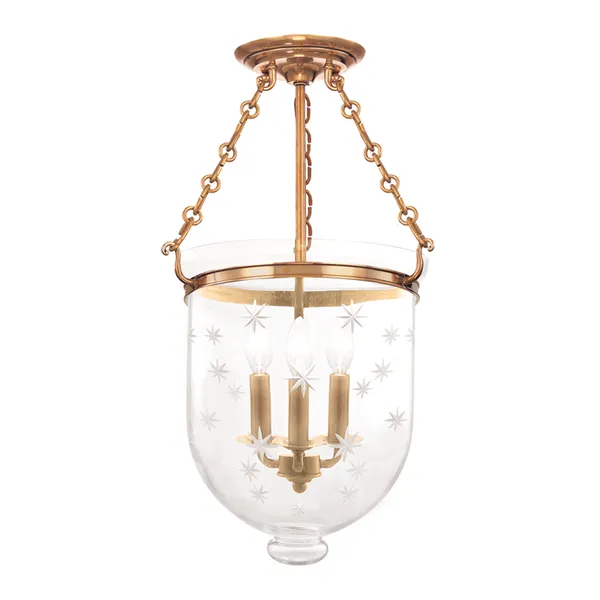 Hampton 3 Light Semi Flush pendant with clear bell-shaped glass featuring etched stars and a brass finish chain suspension