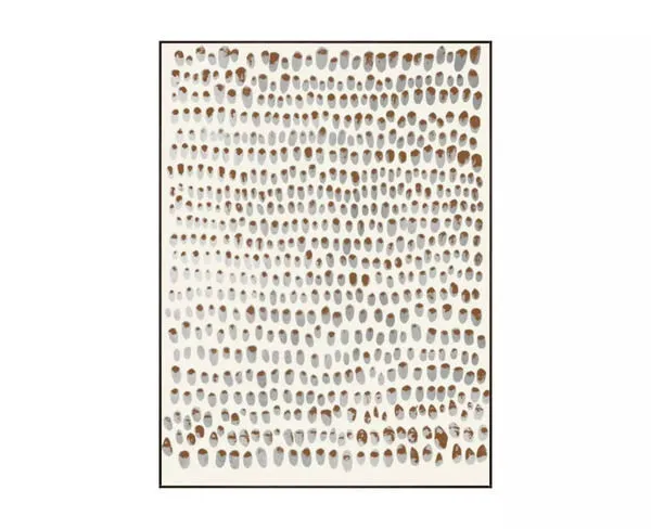 Silver Dots Framed Art with rows of irregular silver and bronze oval dots on a white background, sleek black frame