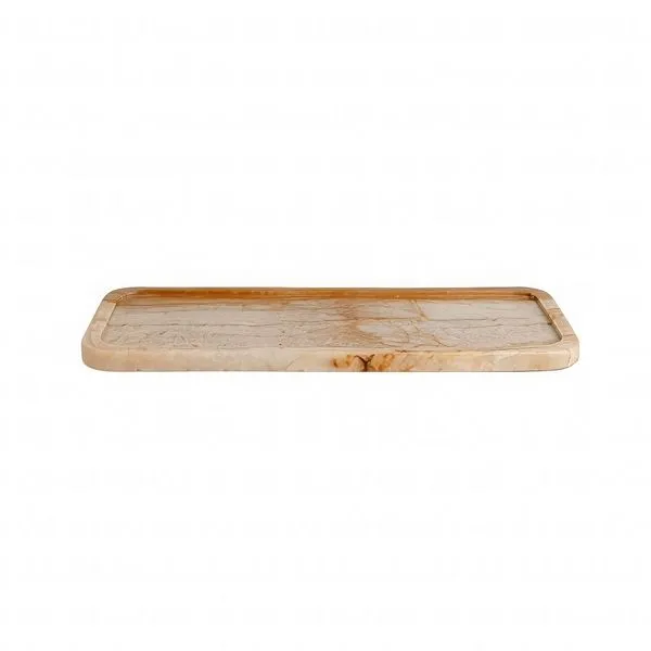 Rectangular tray made of beige and light brown marble travertine with rounded corners and raised edges