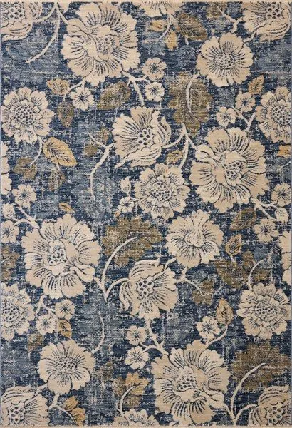 Botanical denim blue and natural area rug with large floral pattern in soft, muted tones