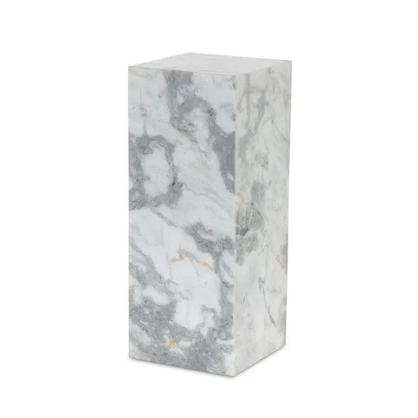 Modern marble pedestal table in a monolithic rectangular shape with grey and white veining