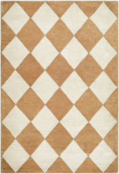 Isaac Ivory Handmade Rug with geometric ivory and camel diamond pattern, medium wool pile, soft textured finish