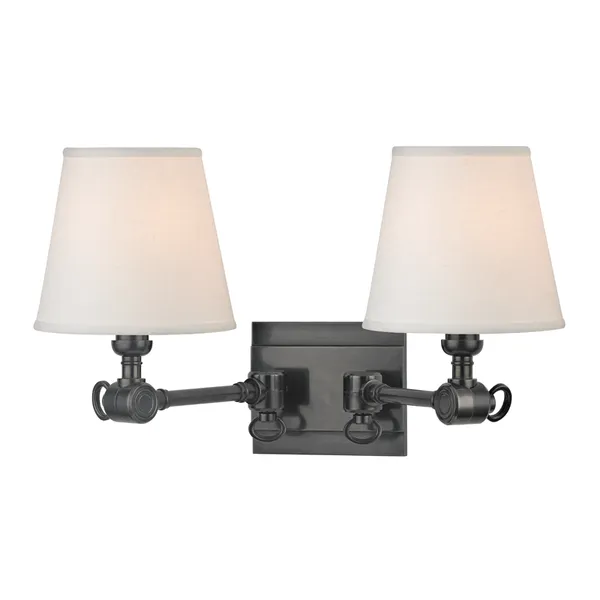 Hillsdale 2 Light Wall Sconce with dark vintage cast swivels and two white contemporary linen shades