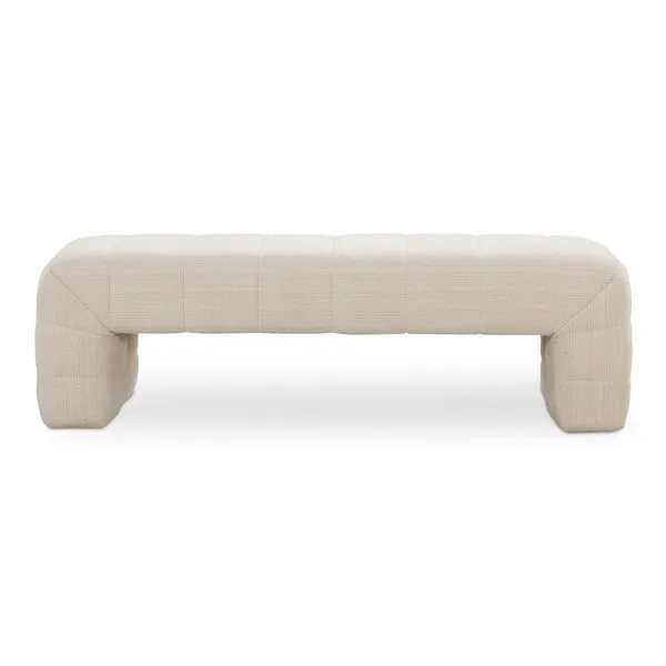 Verity bench with wide channel detailing and soft flecked textured upholstery in warm cream tones