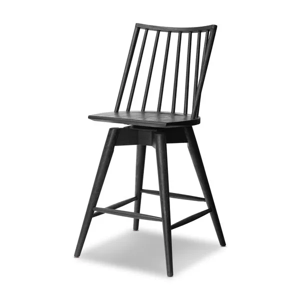 Lewis Swivel Stool in black wire-brushed oak with Windsor back slats and tapered legs, counter height