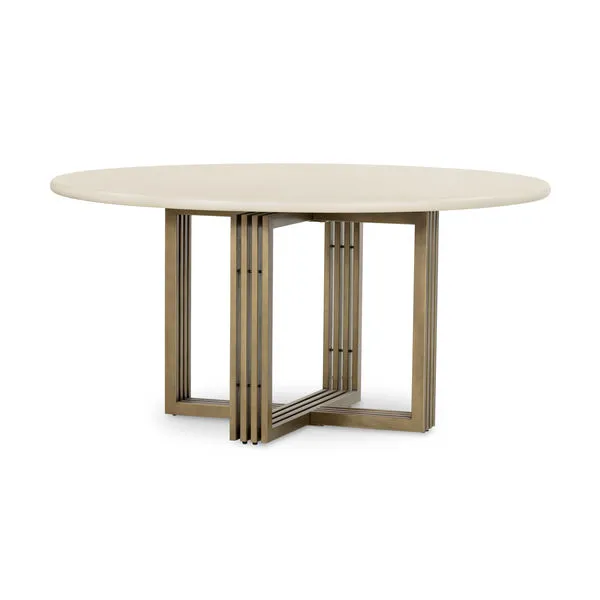 Studio view of round white concrete tabletop with brass-finished steel banded base on white background
