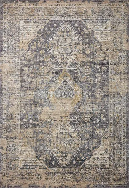 Indra Charcoal Natural rug with stately distressed pattern in charcoal and natural beige hues, 11'6" x 15'6" size