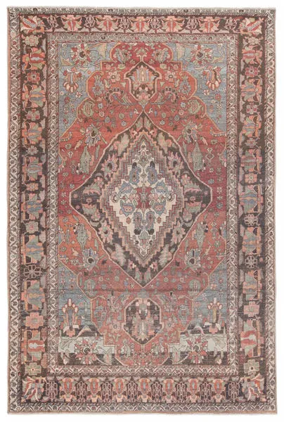 Wesleyan Medallion Rust Gray Area Rug with Persian-inspired center medallion and ornate border in terra cotta, gray, blue,...