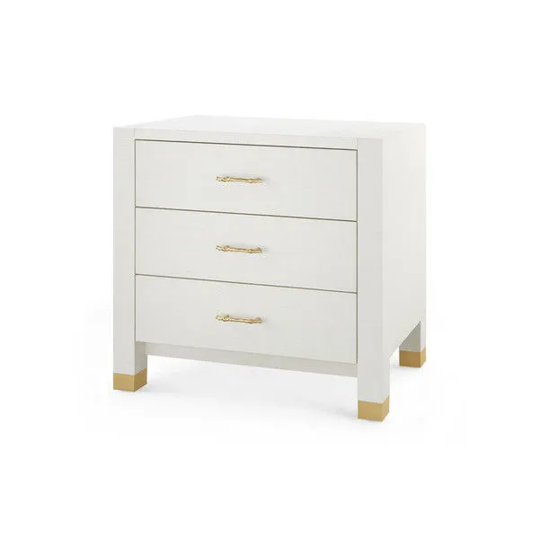 Camden 3-Drawer Side Table in sand white finish with brass-capped legs and twig-inspired brass drawer pulls