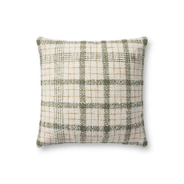 Ivory throw pillow with olive green and marigold plaid pattern, 18x18 inches square shape with soft textured fabric