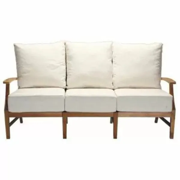 Three-seat outdoor sofa with teak frame and off-white cushions