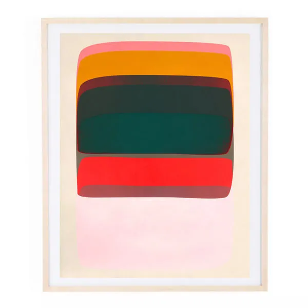 Abstract mixed-media artwork with layered horizontal blocks in pink, red, green, brown, and orange in a light wood frame
