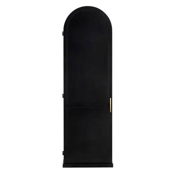 Tall New Tyrol Hutch in matte black with arched top, steel frame, wood shelves, and brass handle.