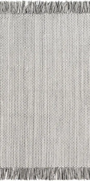Grey and black woven entry rug with a fringe on both ends, solid and basic design, 2'x3'