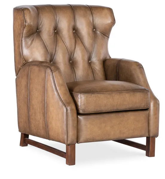 Henderson Press Back Recliner in medium tan Nature leather with wing-style tufted back and square wood legs