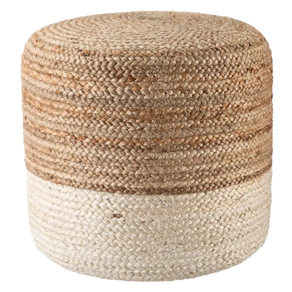 Cylinder pouf with ombre braided jute in beige top half and white bottom half