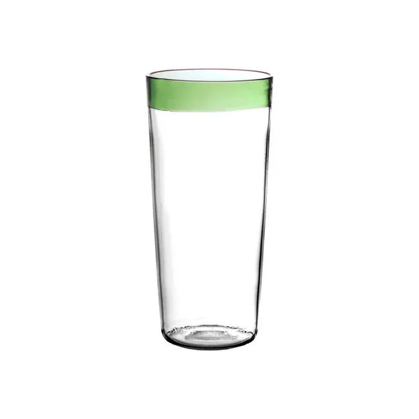 Tall clear borosilicate high ball glass with 13 fl oz capacity and green colored band near rim