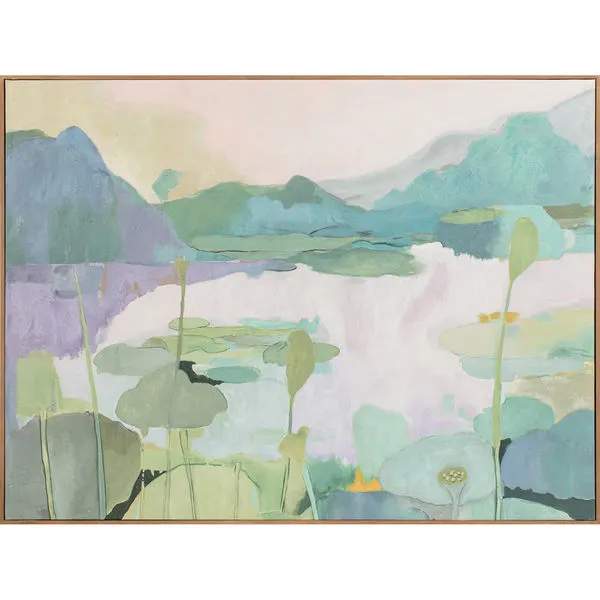 Saison framed painting with serene landscape featuring pastel lilypads and water lilies on canvas in pine frame