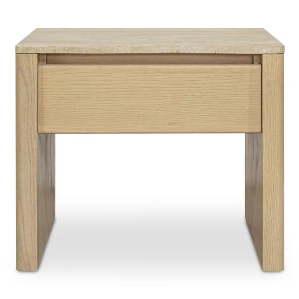 Blake coffee table with travertine top and solid ash base featuring bullnose-rounded edges