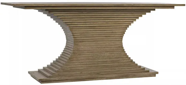 Cambio Console table with hand-carved walnut ridges and bleached finish, featuring curved sculptural base and flat rectang...