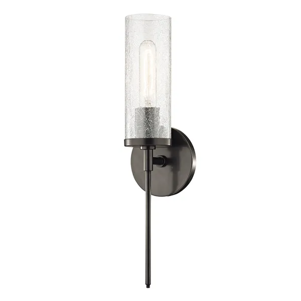 Olivia 1 Light Wall Sconce with slender metal rod, round backplate, and textured clear cylindrical glass shade