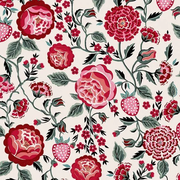 Matte finish wallpaper featuring vibrant pink strawberries and red roses with green leaves on a light baby pink background