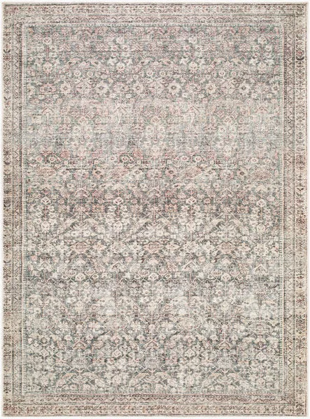 Collins Avenue Rust/Green Machine woven rug with intricate vintage floral pattern in muted rust, green, and beige tones