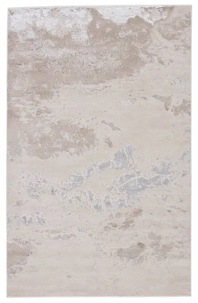 Contemporary modern rug with an abstract organic design in soft tones of gray, light blue, cream, taupe, and silver.
