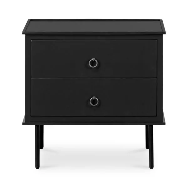 Billy 3 drawer nightstand in black with round metal ring pulls and extended legs above top surface