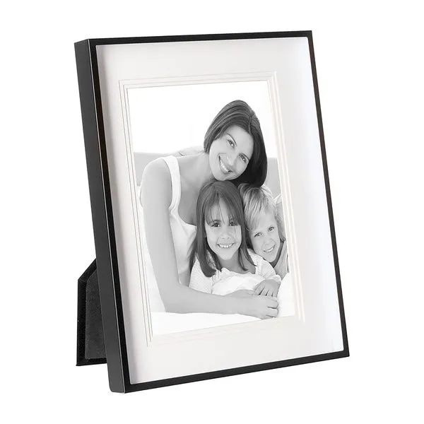 Alexis Powder Coated Smooth Black Picture Frame displaying a white mat and a black and white photo of smiling people, stan...