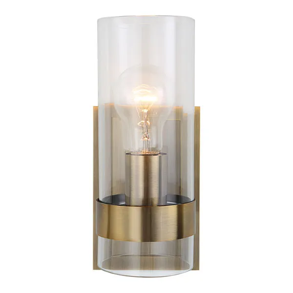 1 light wall sconce with clear cylindrical glass and wide antique brass ring on a rectangular brass backplate