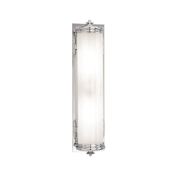 Vertical chrome wall sconce with fluted white glass and crown finials on top and bottom