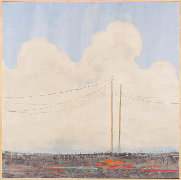 painting of expansive cloudy sky over muted earth with two tall utility poles and wires, accented by orange and turquoise ...