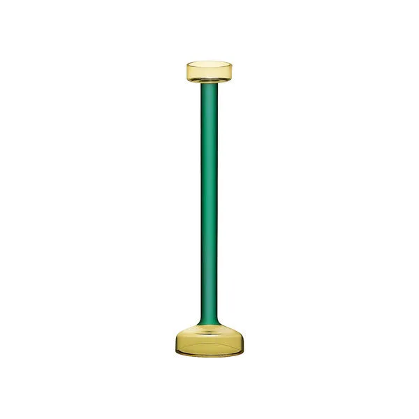 Tall glass candle holder with a green cylindrical stem and yellow rimmed base and top