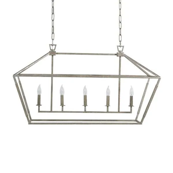 Rectangular chandelier in antique silver leaf with five candle-style lights and metal wrap frame detail