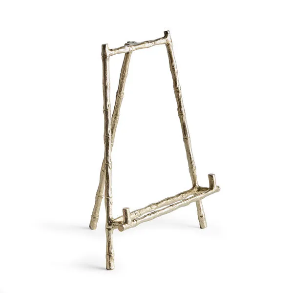 Gold easel with textured bamboo-like frame, designed for platters, cookbooks, or small art pieces