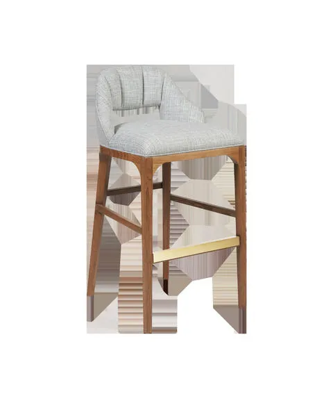 Inga Bar Stool with greenlight powder fabric upholstery and morel brown oak frame with brass kick-plate