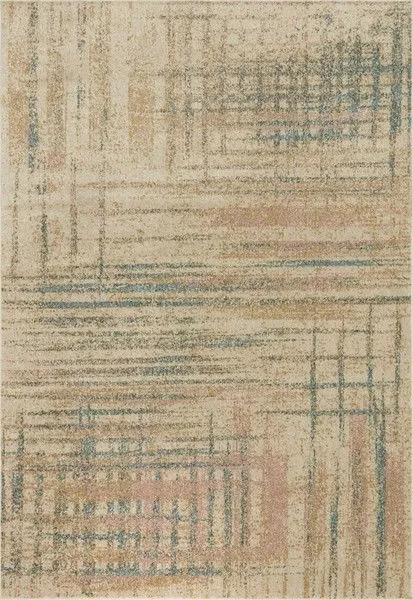 Bowery Beige Multi Rug with contemporary linear and grid pattern in beige, blue, and muted pink hues