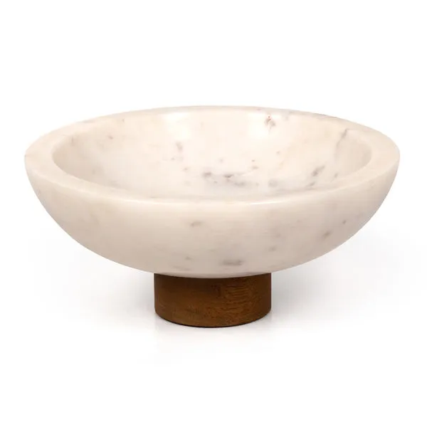 Round white marble bowl with subtle gray veining on a short auburn mango wood pedestal base
