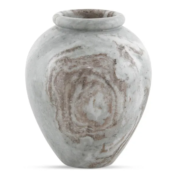 Didion Vase in solid Torrento marble with classic curved shape and swirling beige and gray patterns
