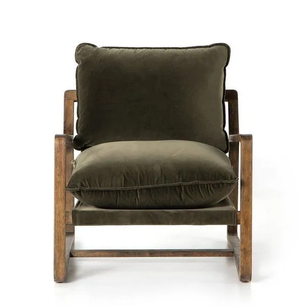 Front view of Ace Olive Green Accent Chair showing plush cushions and wood frame symmetry