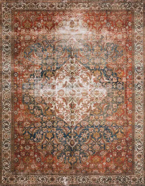 Layla Ocean Multi vintage style rug with intricate floral and geometric patterns in reds, blues, and creams