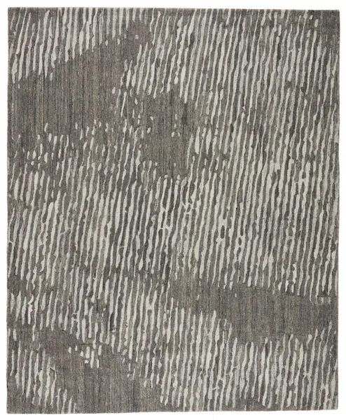 Handmade modern rectangular rug with light gray and ivory striped organic pattern