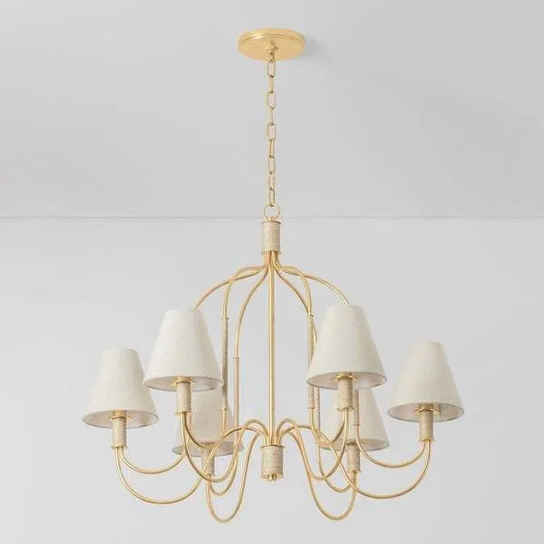 Warrensburg chandelier with vintage gold leaf metal frame, linen lampshades, and abaca-wrapped details