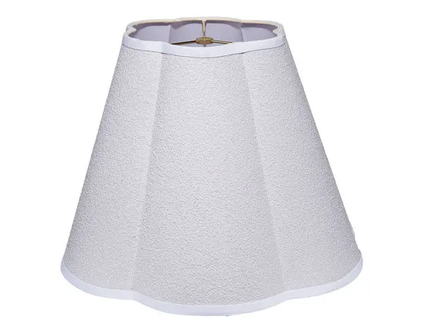Tapered lamp shade with scalloped edge in textured white linen with white trim and brass harp