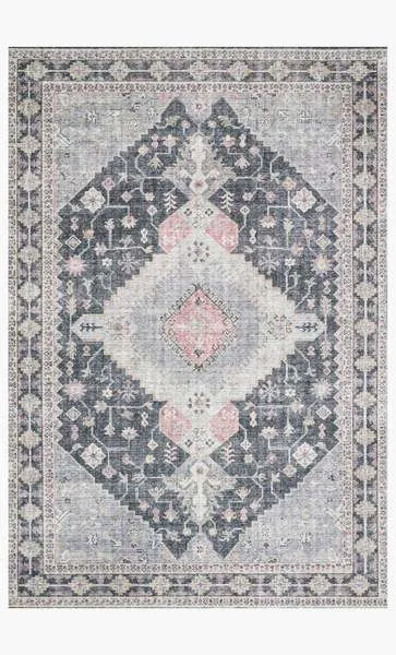 Skye Charcoal Multi Rug with classic old-world design, charcoal and muted pink geometric pattern